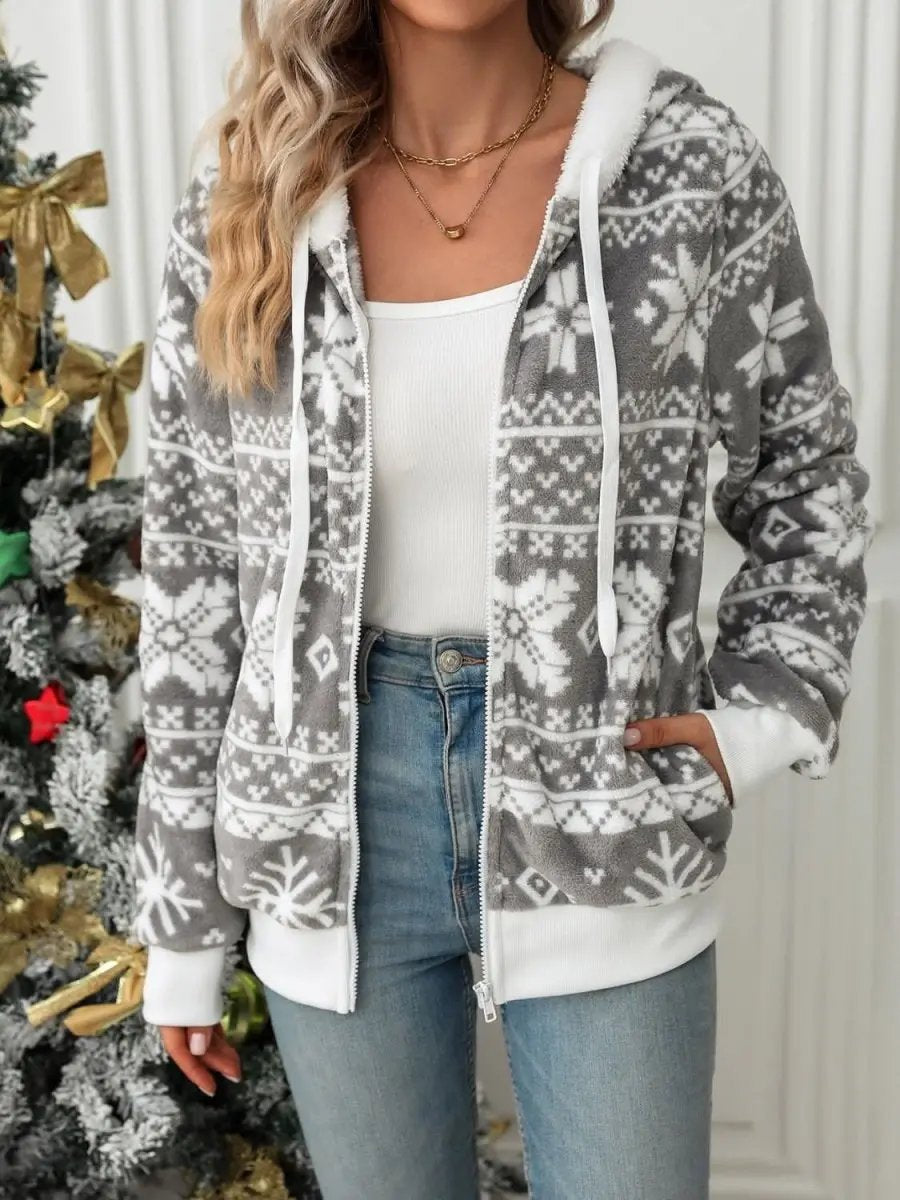Trendsi Snowflake Zip Up Women's Hooded Outerwear Winter Fashion Drawstring