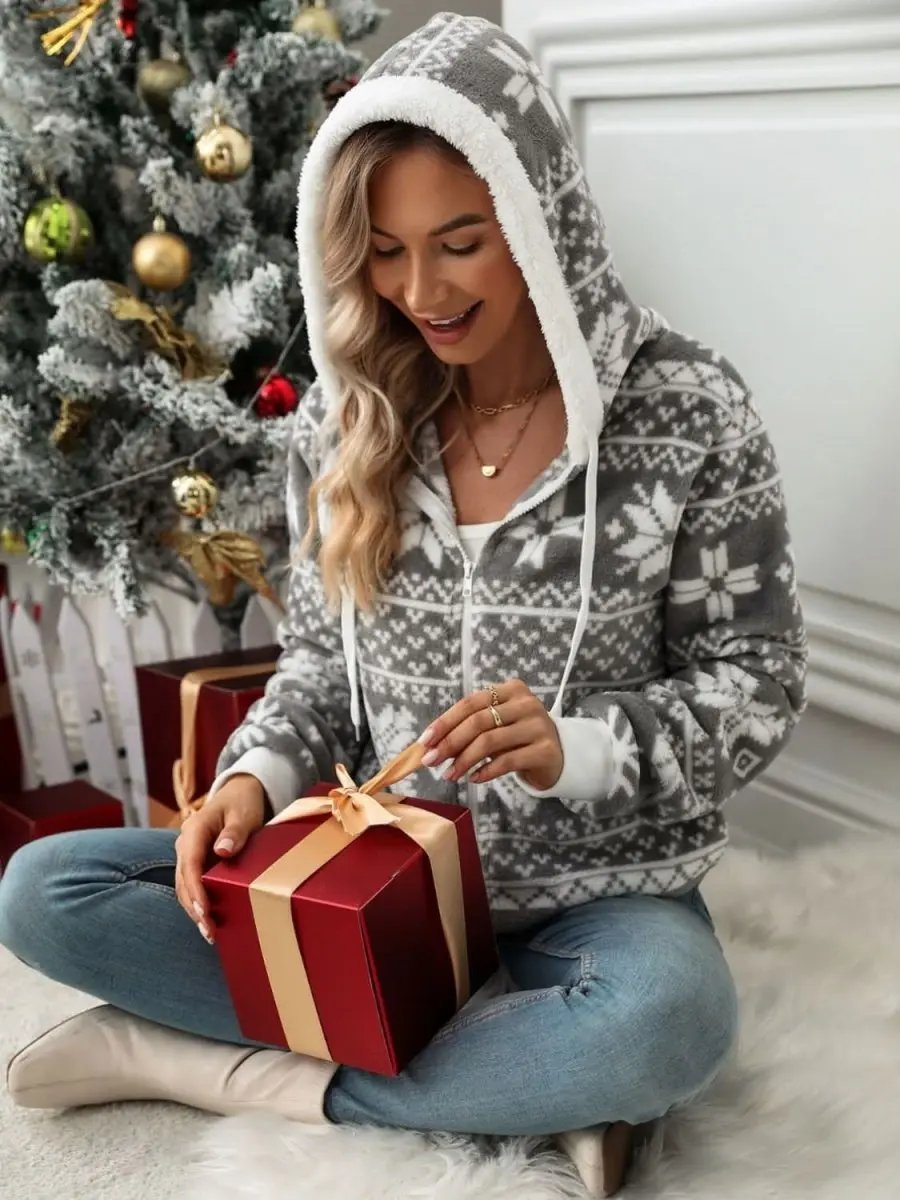 Trendsi Snowflake Zip Up Women's Hooded Outerwear Winter Fashion Drawstring