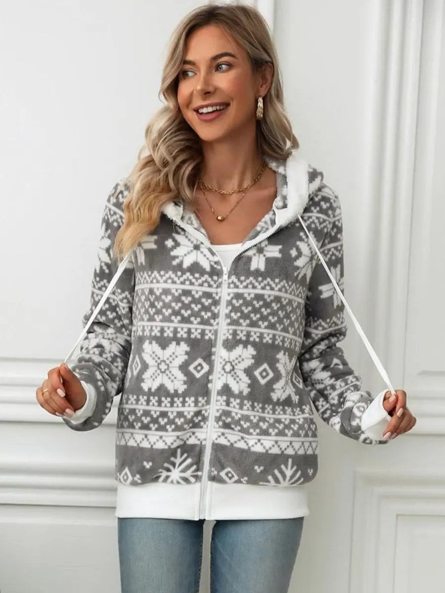 Trendsi Snowflake Zip Up Women's Hooded Outerwear Winter Fashion Drawstring