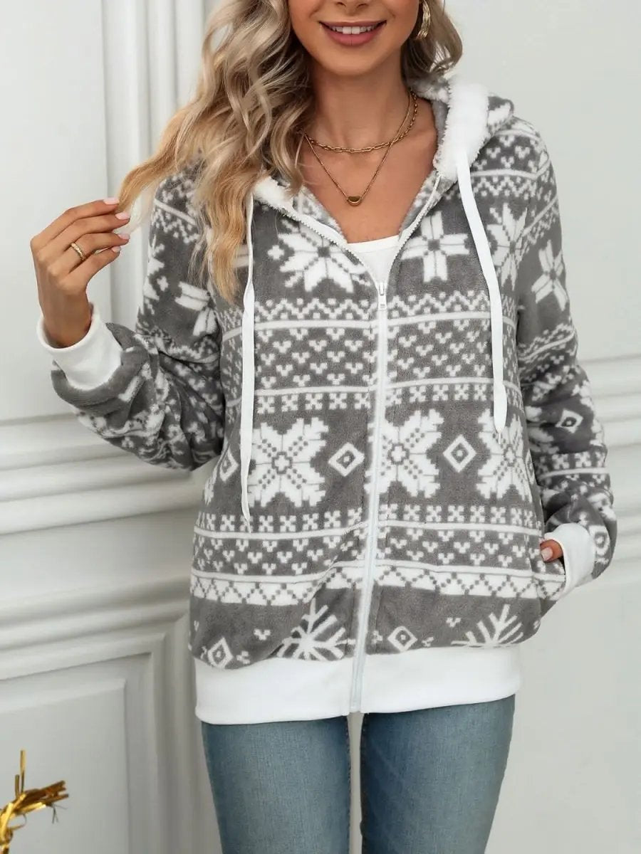Trendsi Snowflake Zip Up Women's Hooded Outerwear Winter Fashion Drawstring