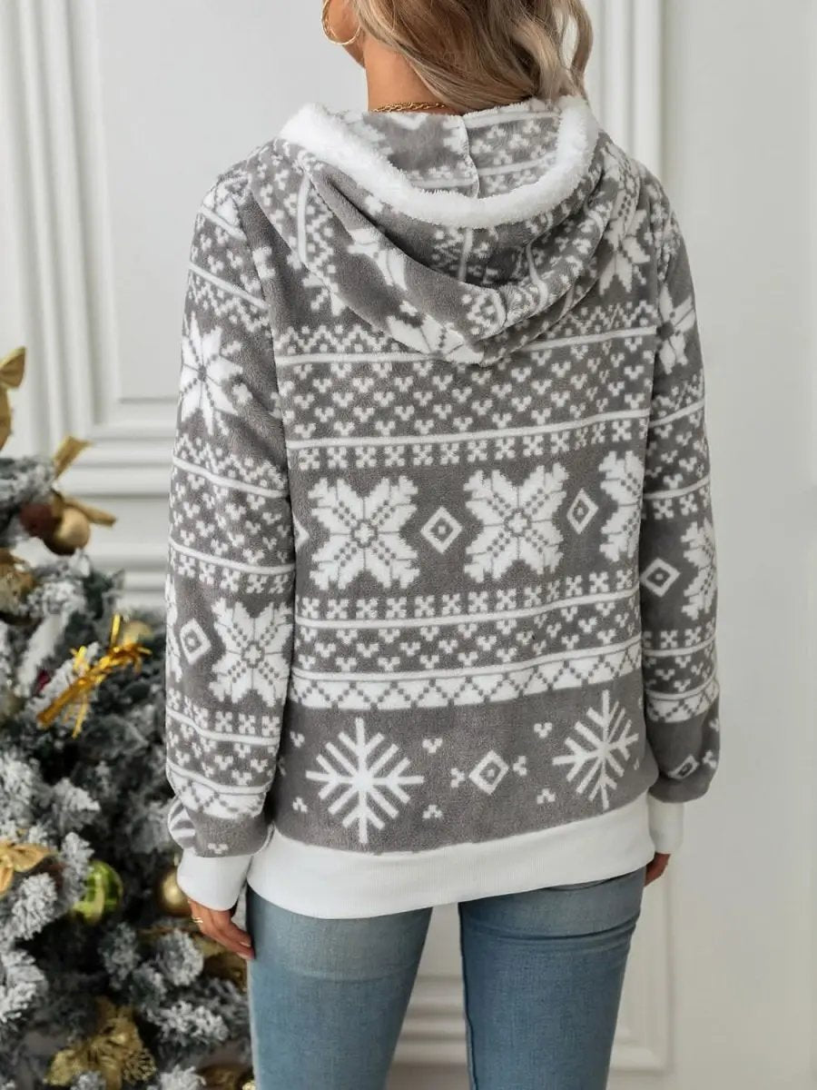 Trendsi Snowflake Zip Up Women's Hooded Outerwear Winter Fashion Drawstring