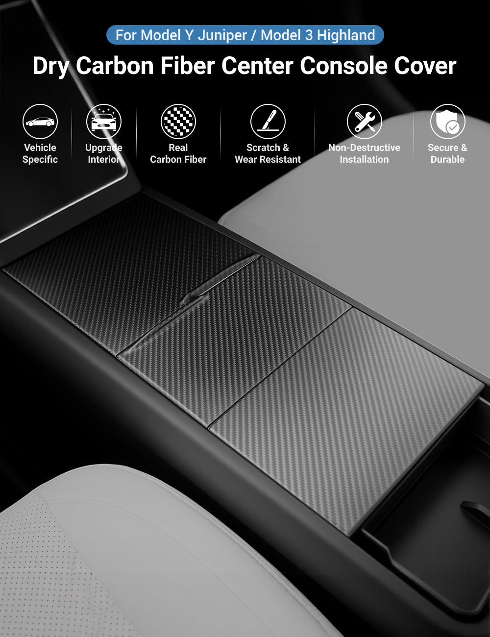 Dry Carbon Fiber Center Console Cover For Model Y Juniper / Model 3 Highland / Model YL