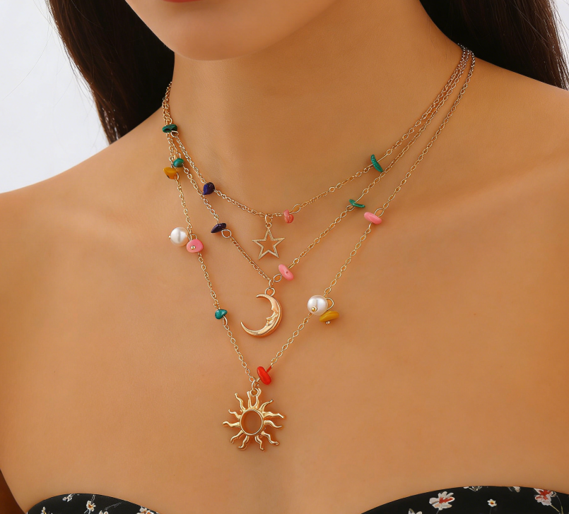 Bohemian Irregular Chip Stone Sun & Moon Necklace