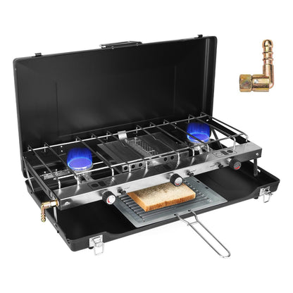 3-Burner Portable Propane Camping Stove with Windshield & Toast Tray