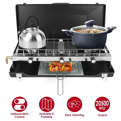 3-Burner Portable Propane Camping Stove with Windshield & Toast Tray
