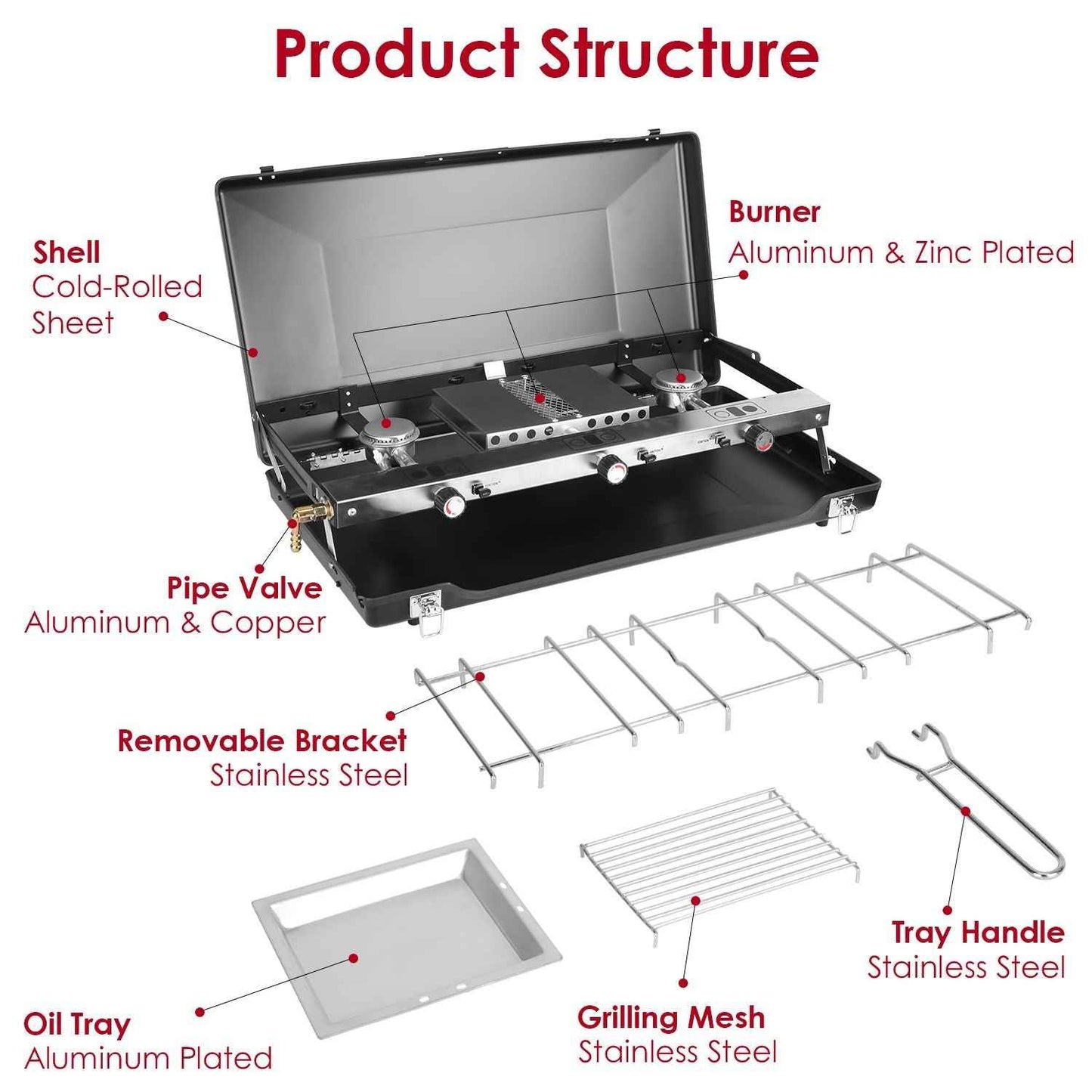 3-Burner Portable Propane Camping Stove with Windshield & Toast Tray