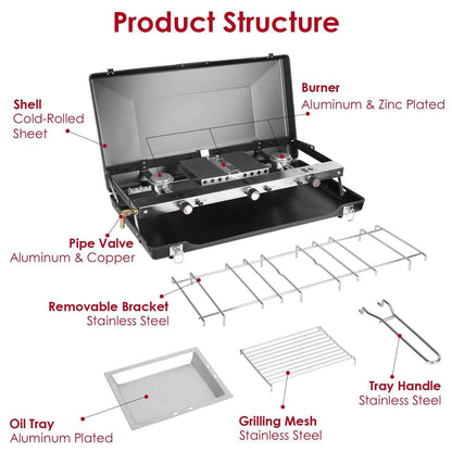 3-Burner Portable Propane Camping Stove with Windshield & Toast Tray