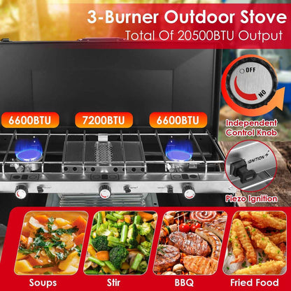 3-Burner Portable Propane Camping Stove with Windshield & Toast Tray