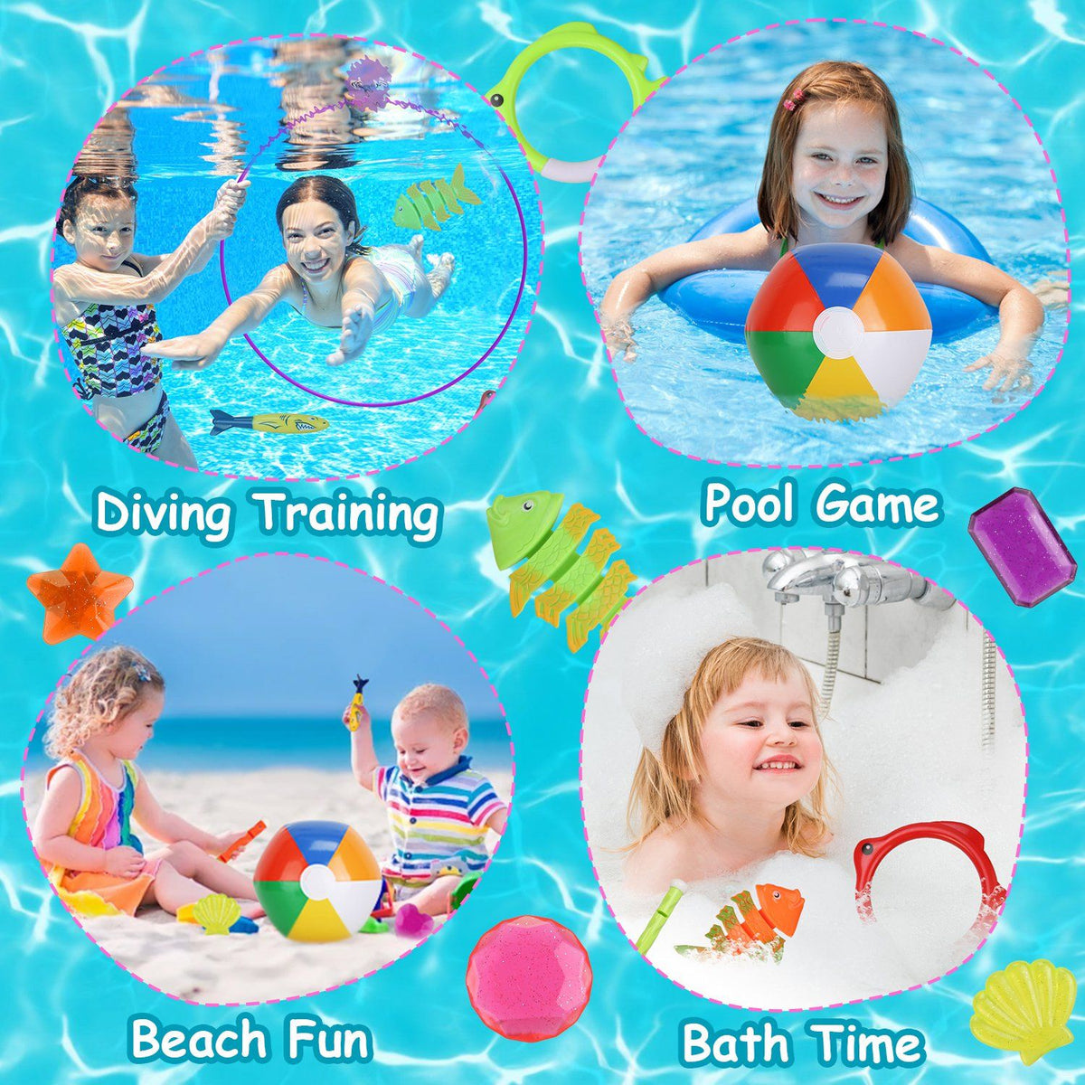 24PCS Kids Diving Pool Toys Set – Rings, Torpedoes, Volleyball