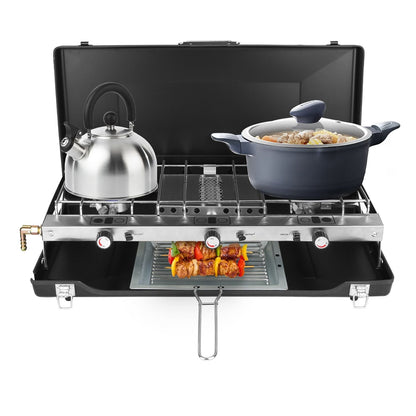 3-Burner Portable Propane Camping Stove with Windshield & Toast Tray