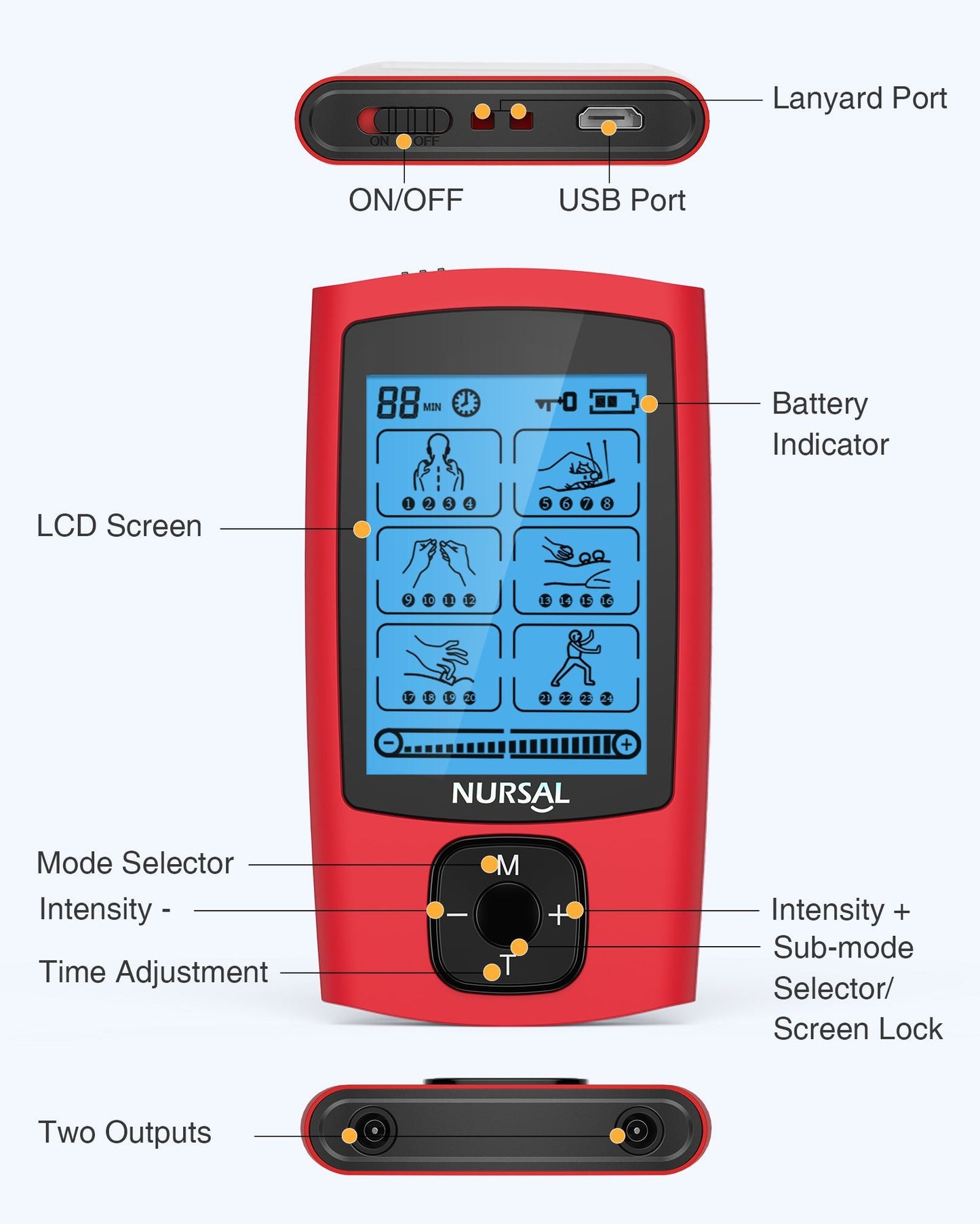 24-Mode TENS &amp; EMS Unit – Rechargeable Muscle Stimulator with 8 Pads