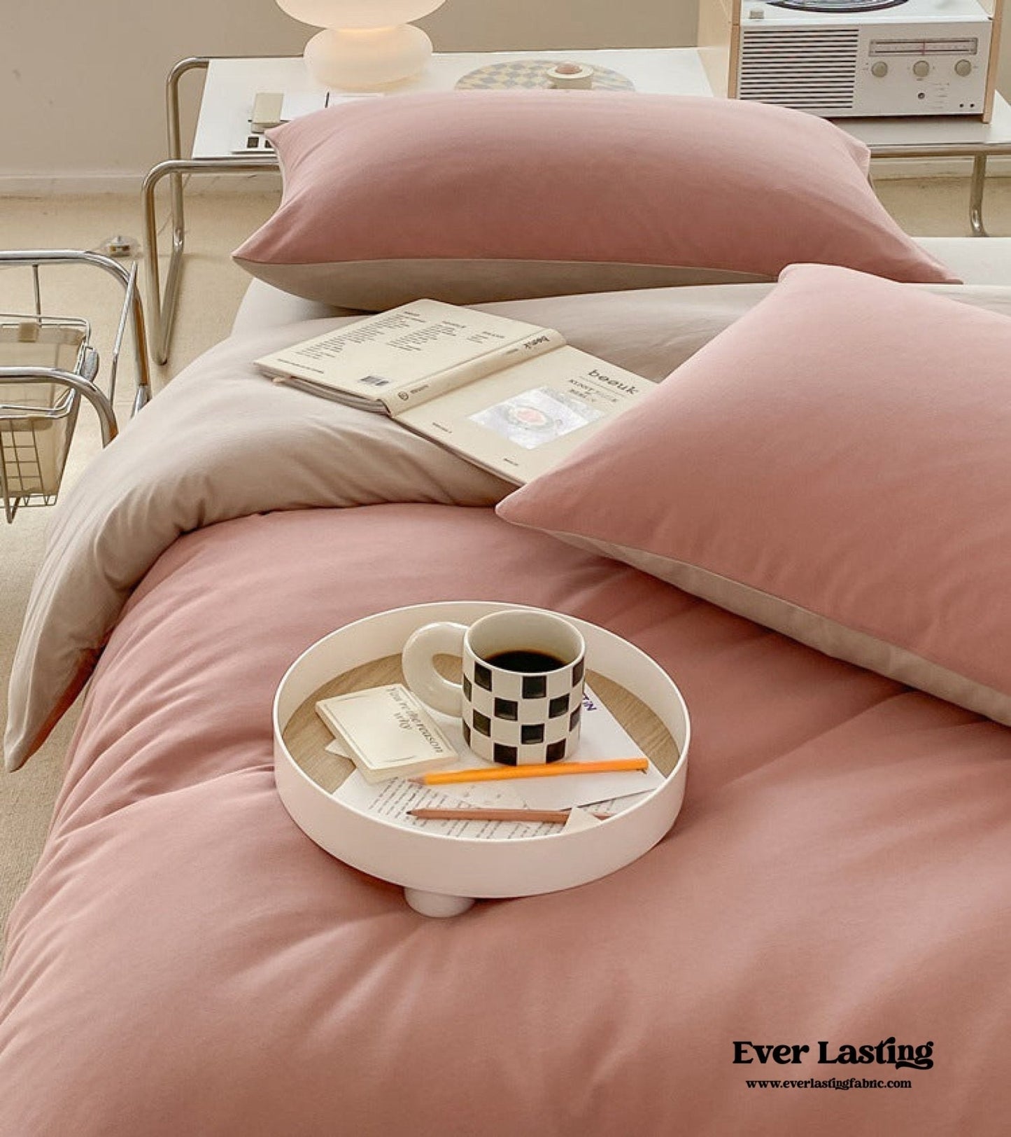 Duo Earth Tone Jersey Knit Bedding Set / Pink Beige