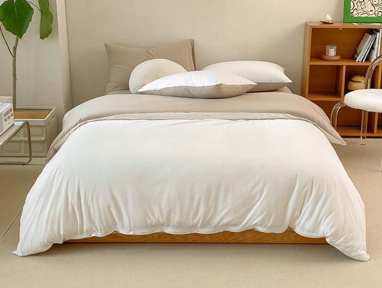 Duo Earth Tone Jersey Knit Bedding Set / White Beige