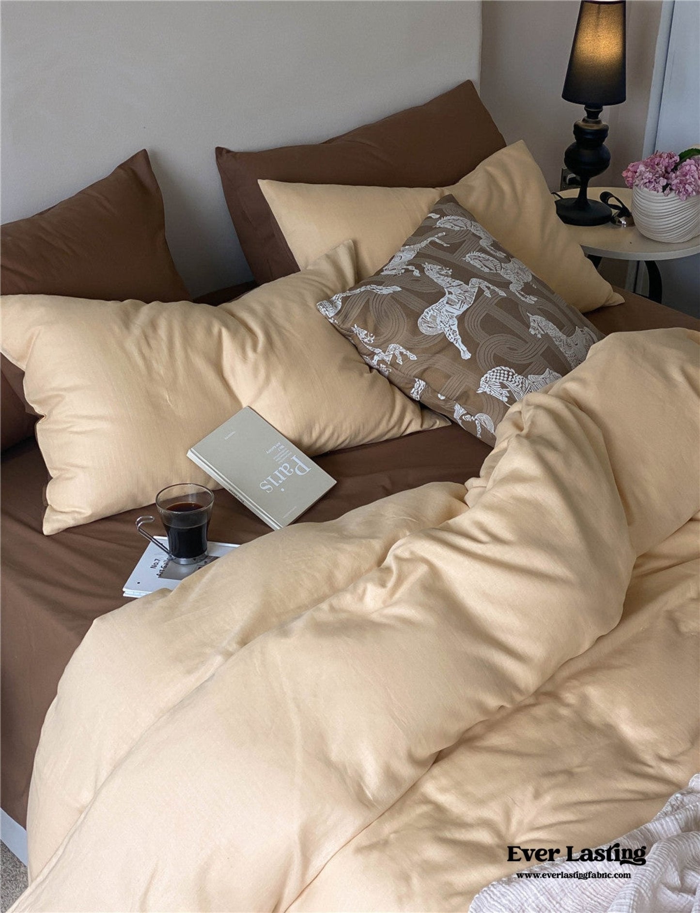 DUO Minimal Double Layer Washed Cotton Bedding Set / Khaki + Brown