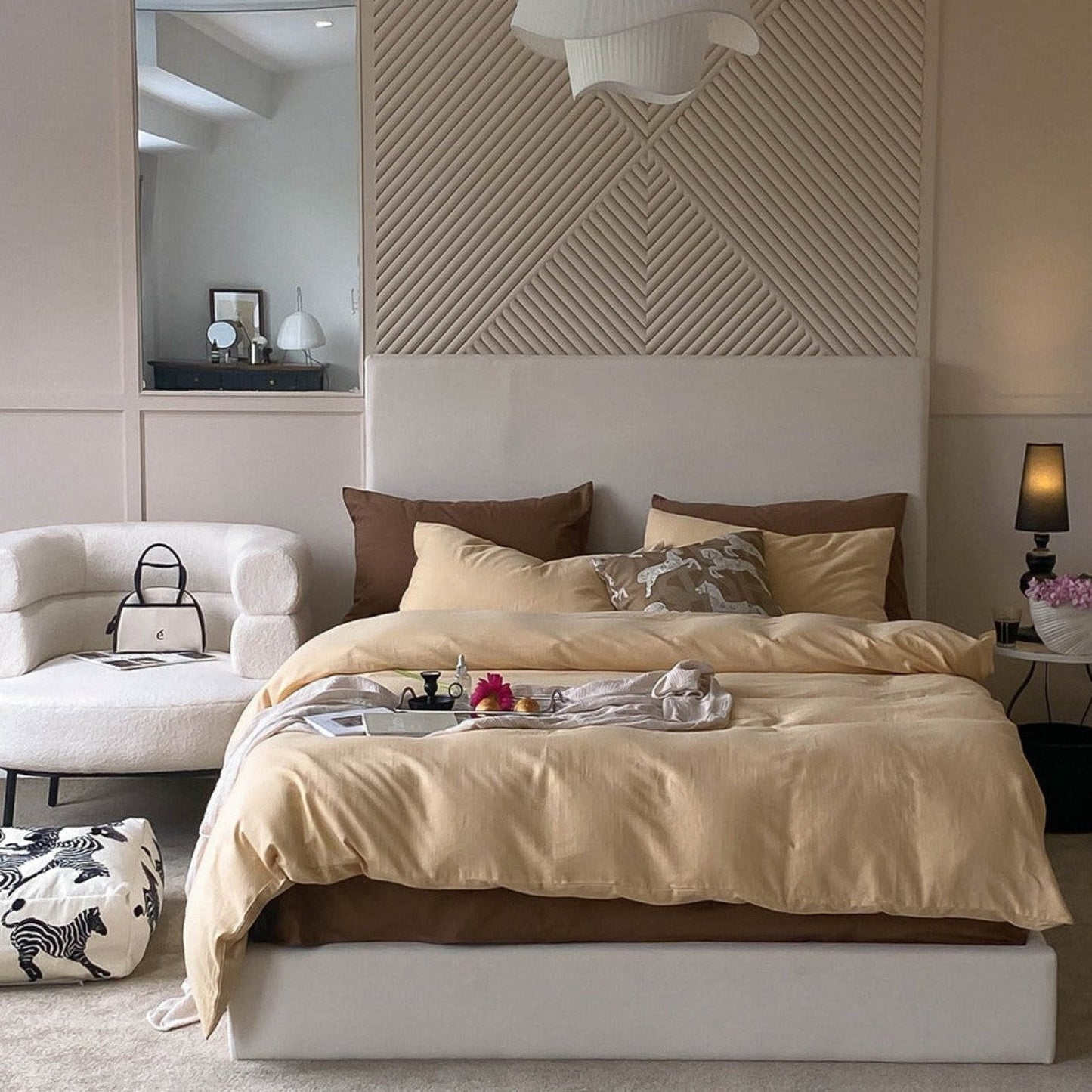 DUO Minimal Double Layer Washed Cotton Bedding Set / Khaki + Brown
