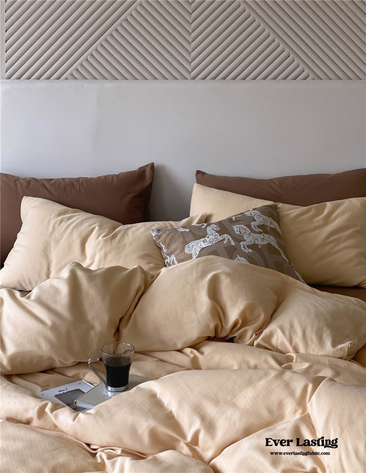 DUO Minimal Double Layer Washed Cotton Bedding Set / Khaki + Brown