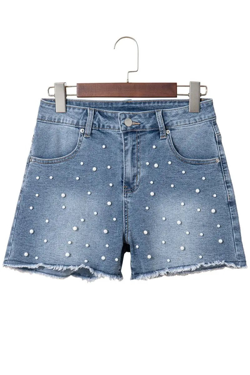 Love Salve Denim Shorts Beaded Women's Casual Summer Shorts Raw Hem, Pearl Detail