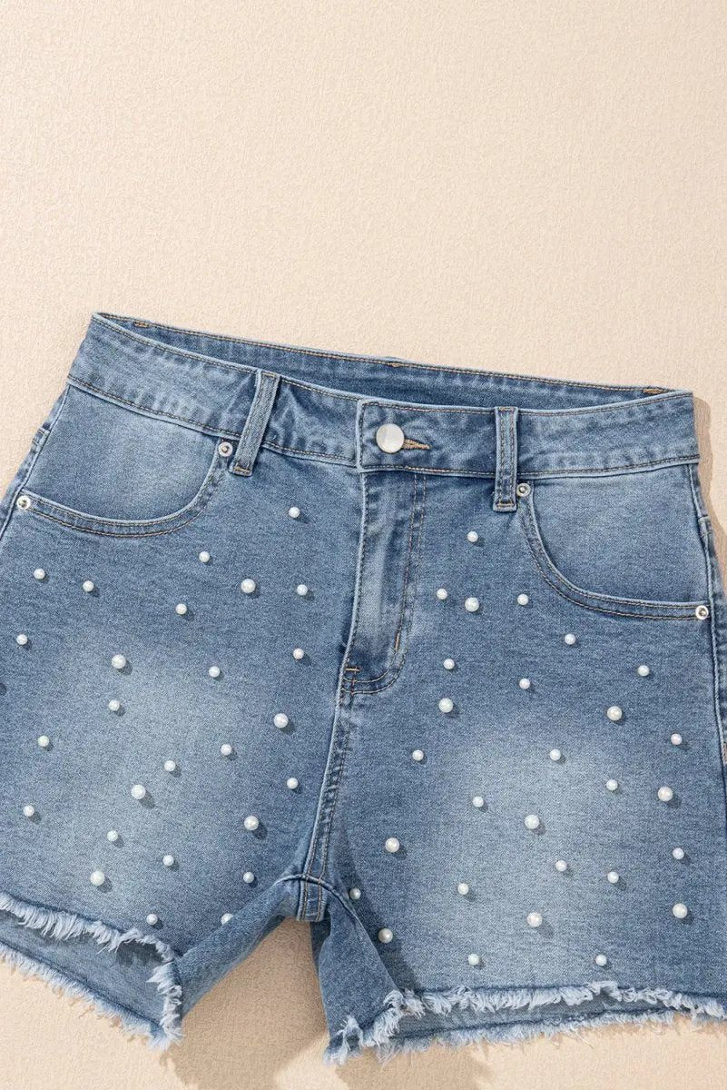 Love Salve Denim Shorts Beaded Women's Casual Summer Shorts Raw Hem, Pearl Detail