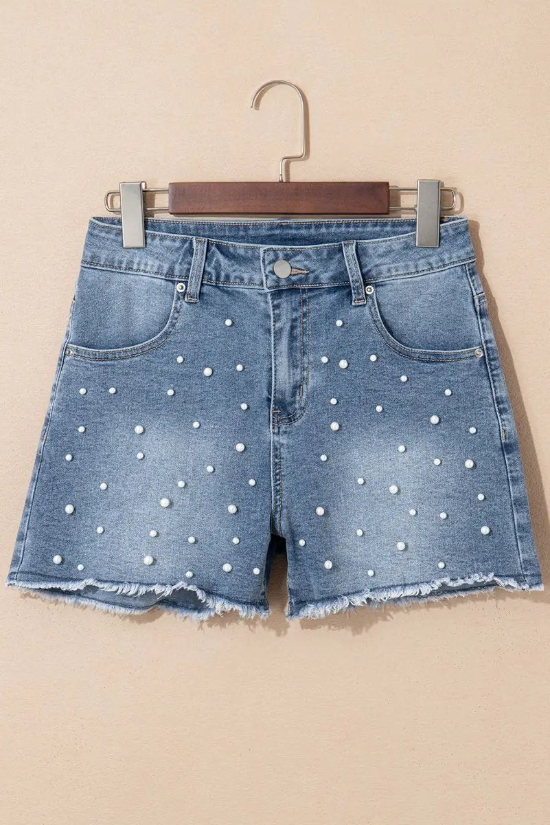 Love Salve Denim Shorts Beaded Women's Casual Summer Shorts Raw Hem, Pearl Detail