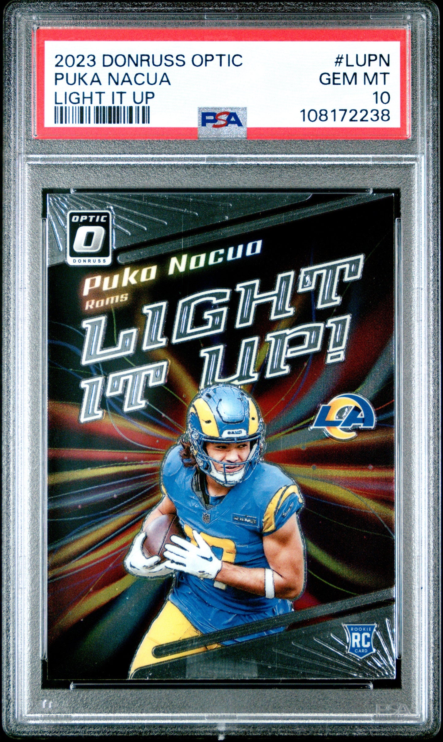 Graded 2023 Panini Donruss Optic Puka Nacua #LUPN Light It Up Rookie RC Football Card PSA 10 Gem Mint