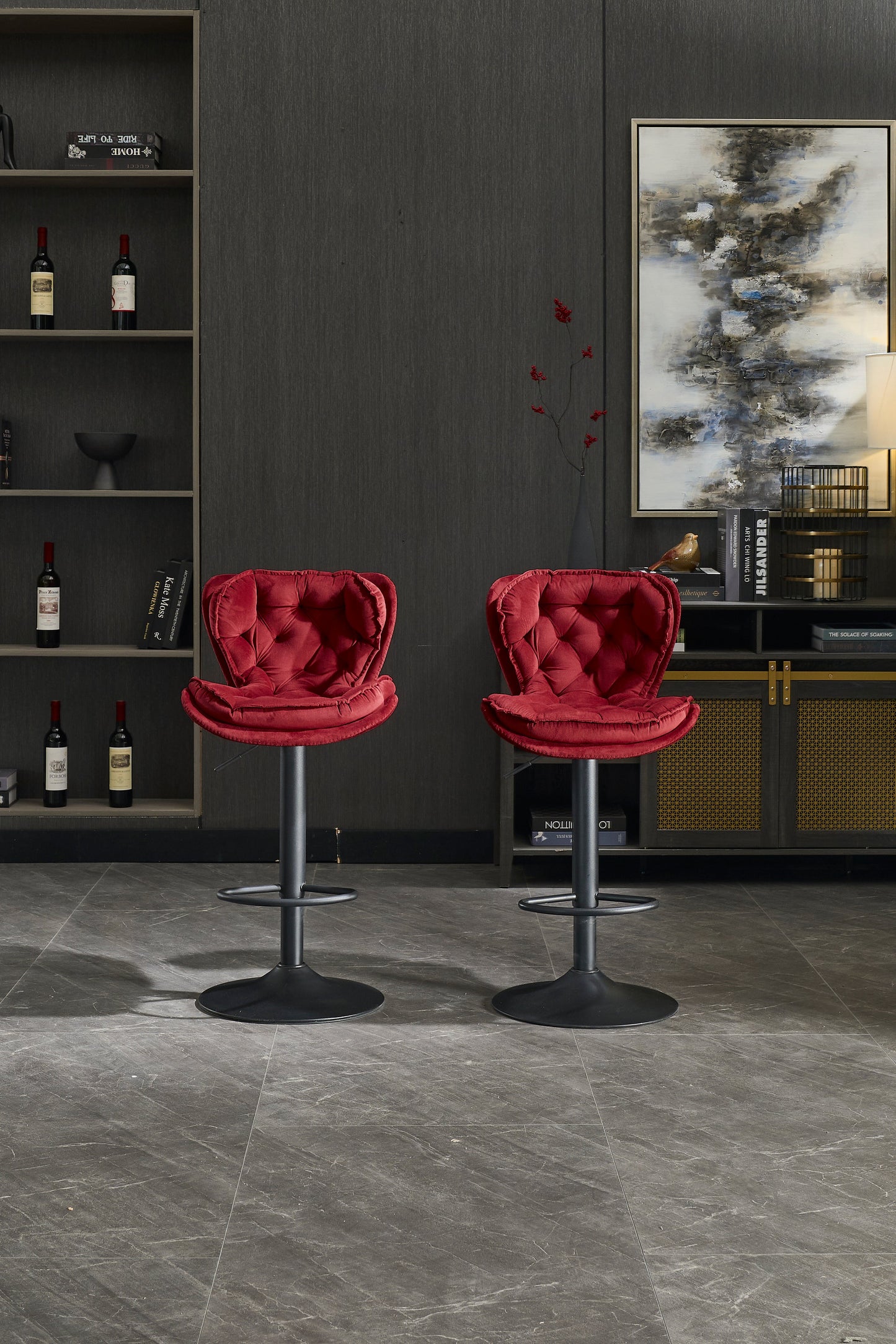 Set of 2 Bar Stools with Powder Footrest and Base