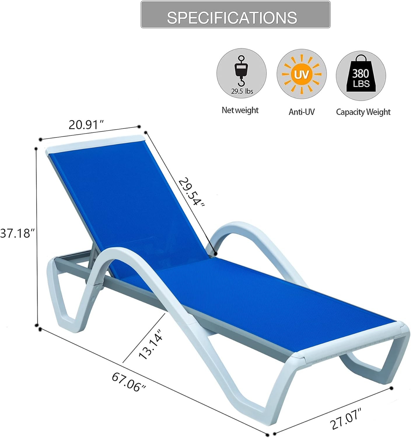 Patio Chaise Lounge Adjustable Aluminum Pool Lounge Chair with Armrest