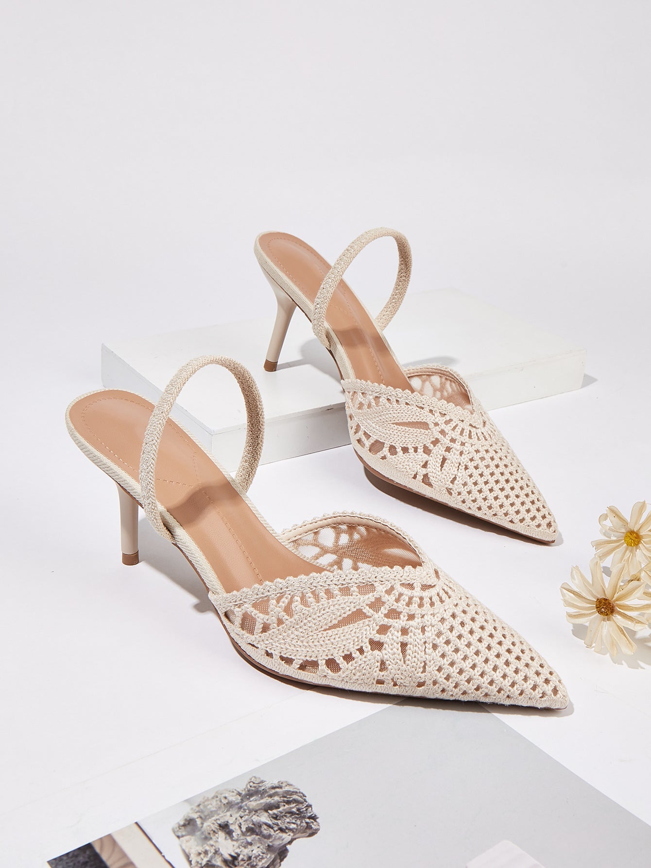 Women's French Style Knitted Cutout Pointed Toe Slingback Heeled Sandals - Elegant Casual Summer High Heel Shoes for Ladies