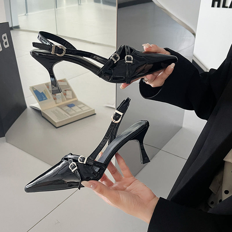 Women 2026 Summer New Pointed Toe Kitten Heel Closed Toe Sandals, British Style High Heels With Single Strap Buckle