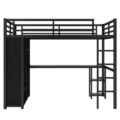 Full Size Loft Bed Frame with Built-in Wardrobe, Metal Loft Bed with Desk and Storage Shelves
