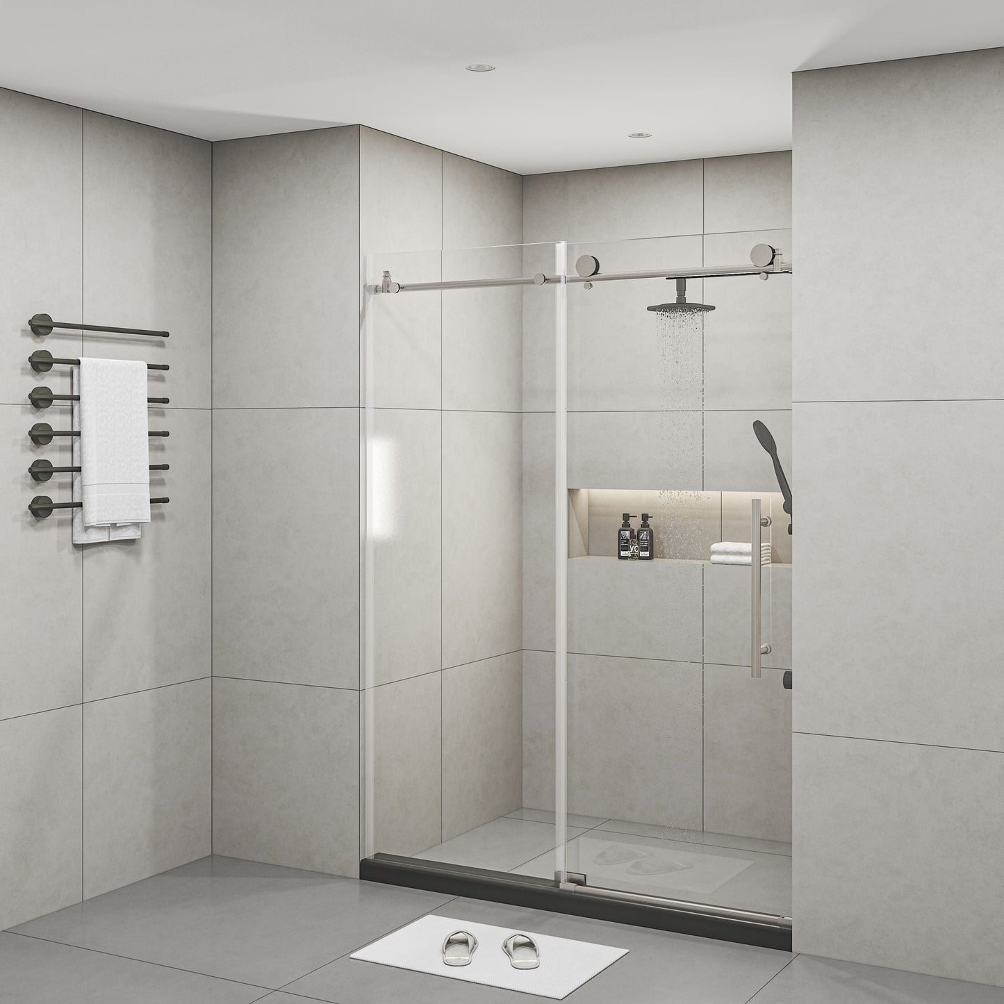 Frameless Shower Door, Clear Tempered Glass - Brushed Nickel