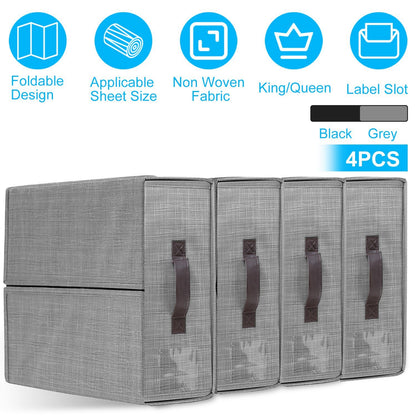 4Pcs Bed Sheet Set Organizers Foldable Bedsheets Storage Bins For Clothing Duvet Cover Pillowcase King Queen Bedsheet Closet Bedding Container With La