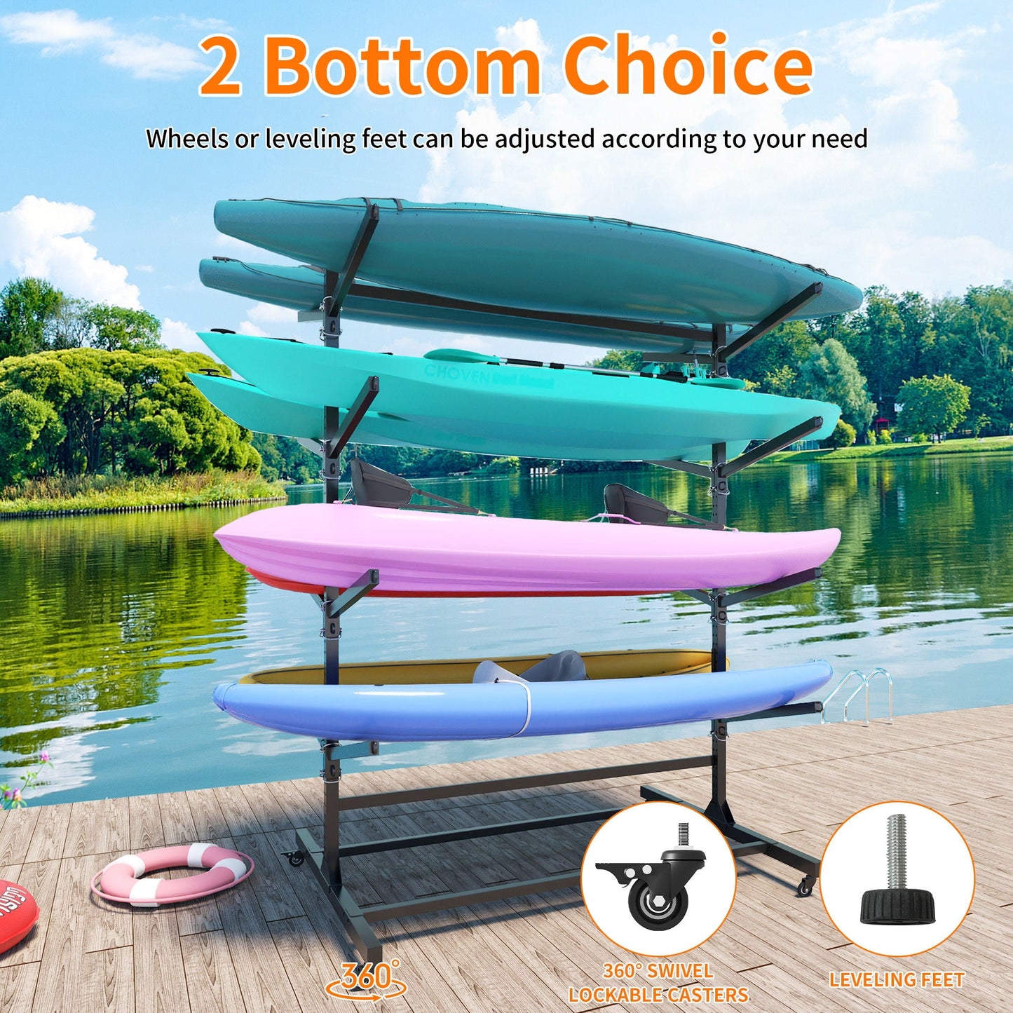 Freestanding Kayak Storage Rack With Lockable Wheels For Kayak, Canoe, Sup & Surfboard