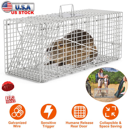 Humane Cat Trap Cage Catch Release Live Animal Rodent Cage Collapsible Galvanized Wire for Raccoons Beavers Groundhogs Foxes Armadillos