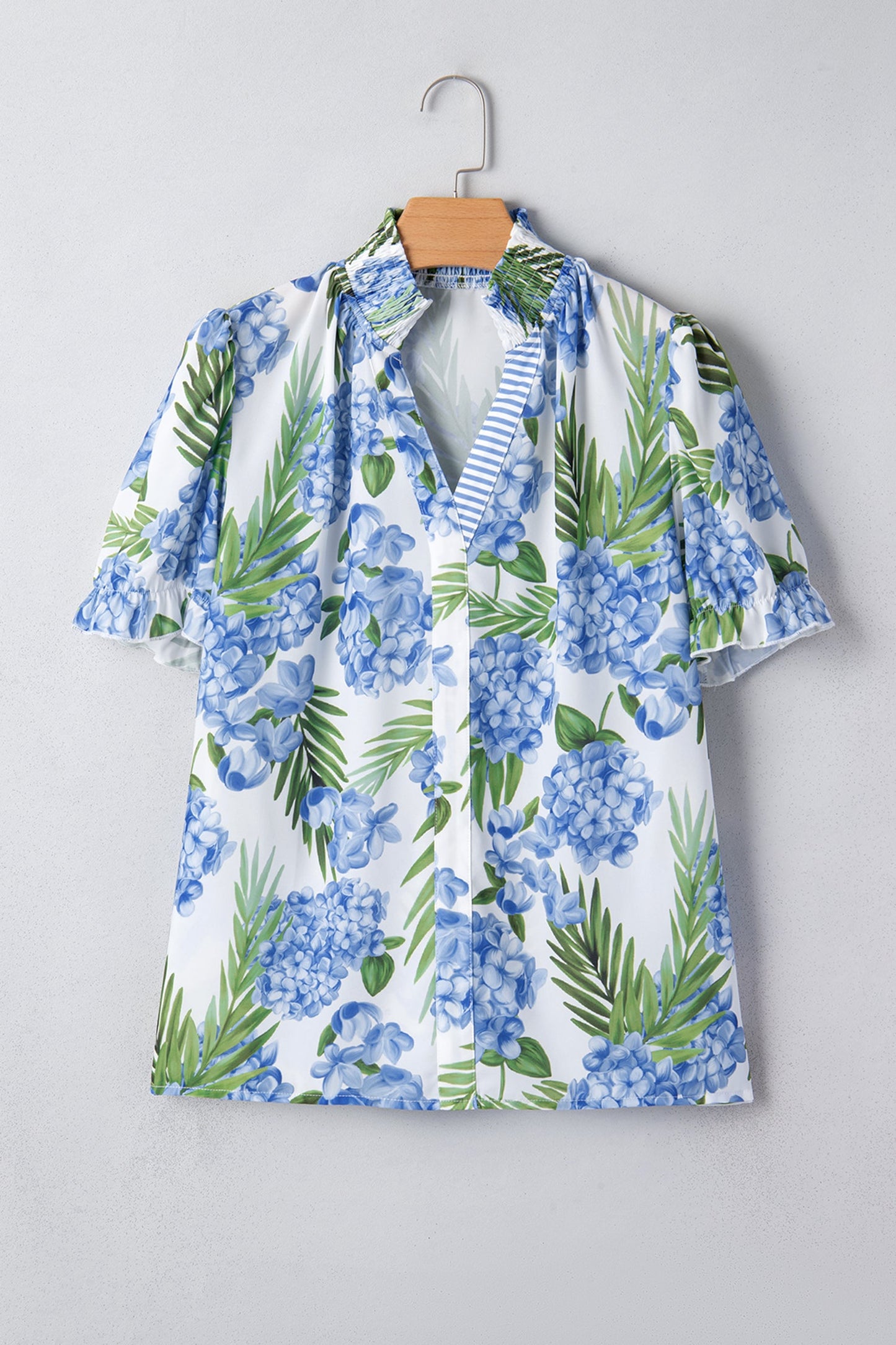 Sky Blue Palm Floral Print Striped Patchwork V Neck Short Sleeve Blouse