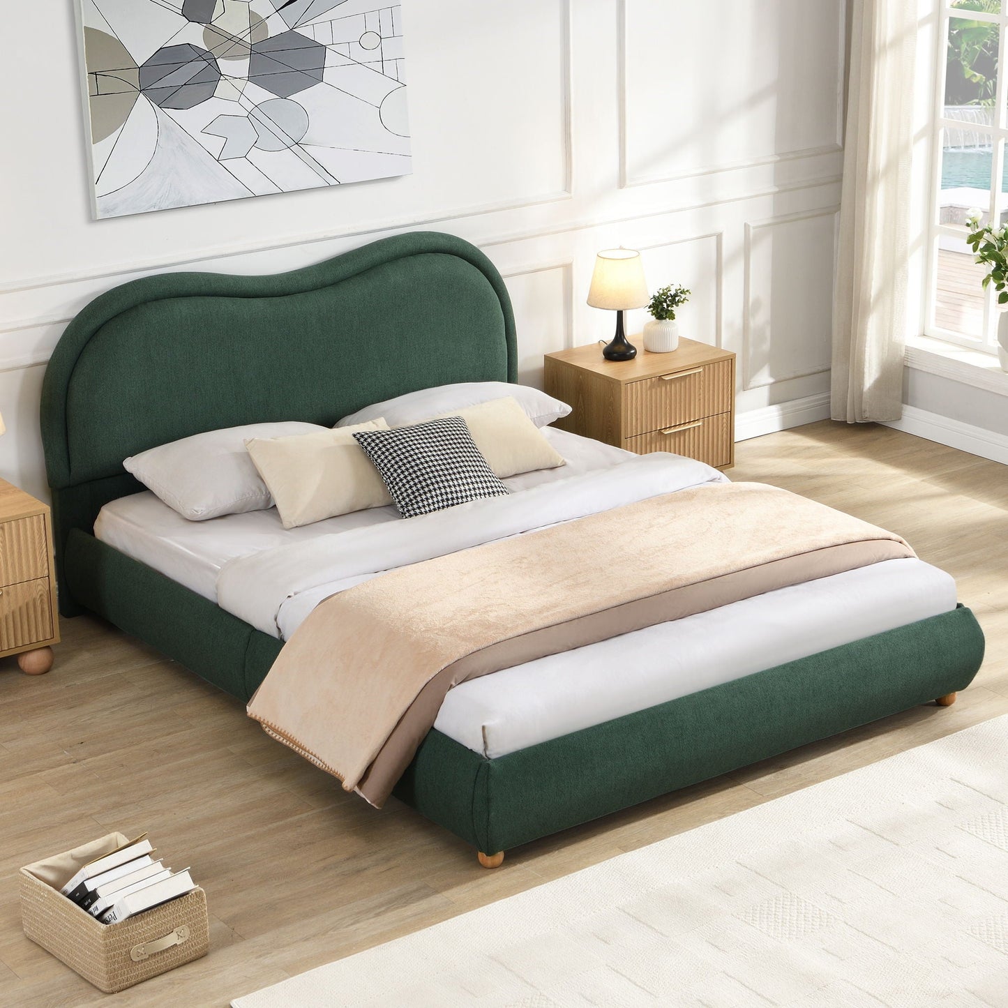 Upholstered Platform Bed Frame With Curved Headboard