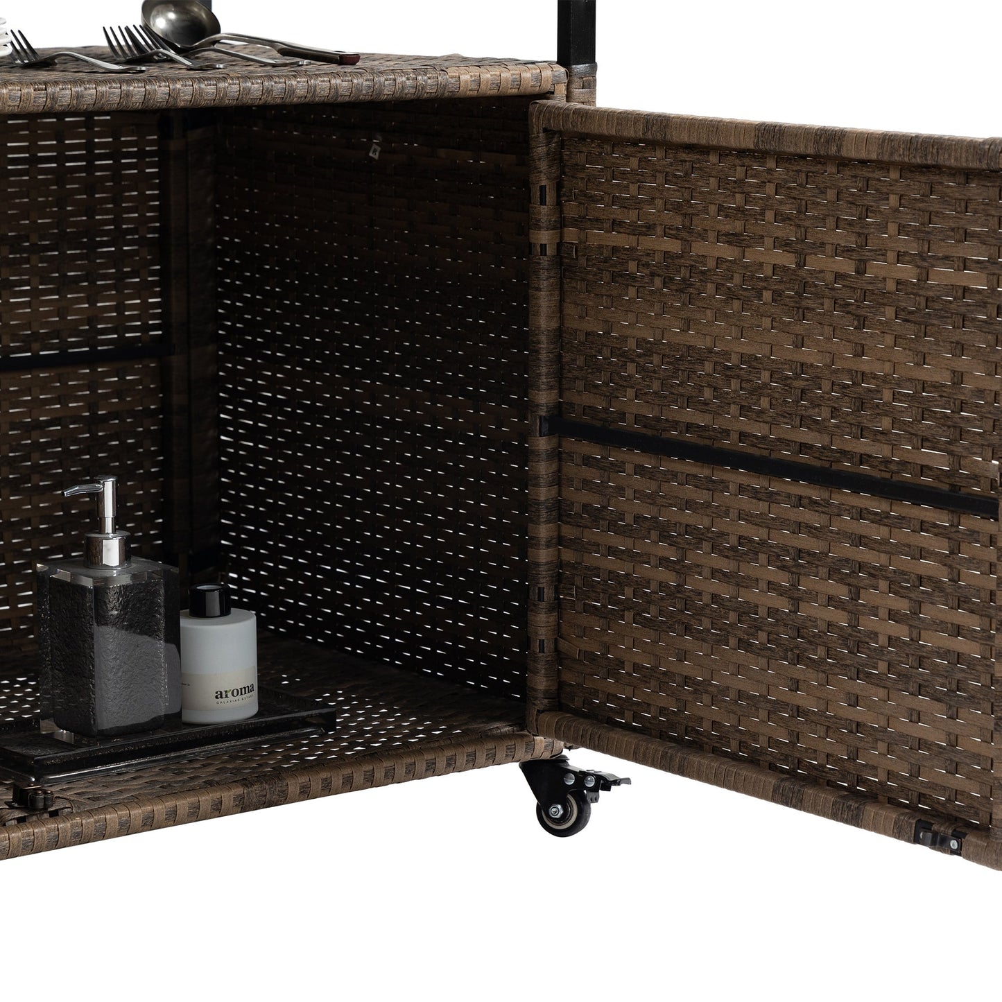Outdoor Wicker Bar Cart with Glass Top and Wheels