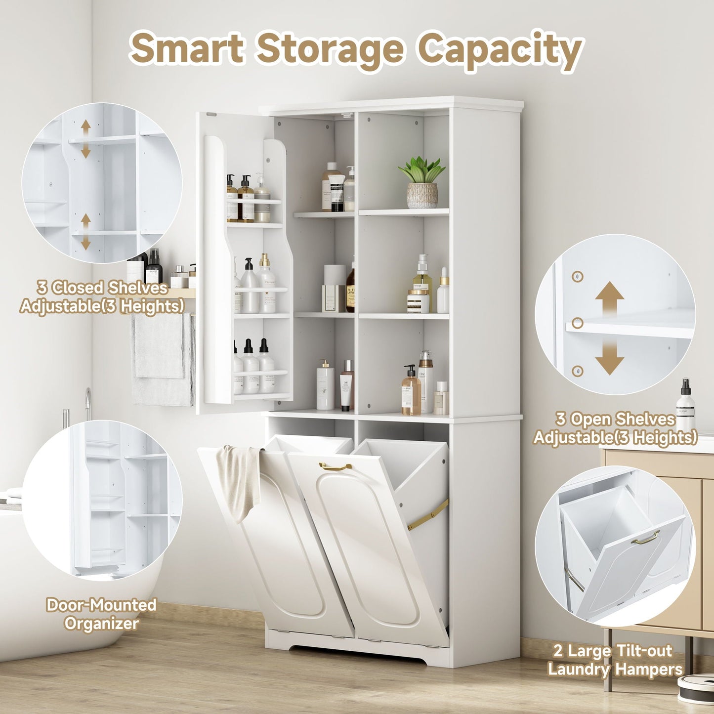 Freestanding Tall Storage Cabinet With 2 Tilt-Out Hampers