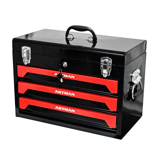 Portable 20" Steel Tool Box With 3 Drawers And Metal Latch Closure