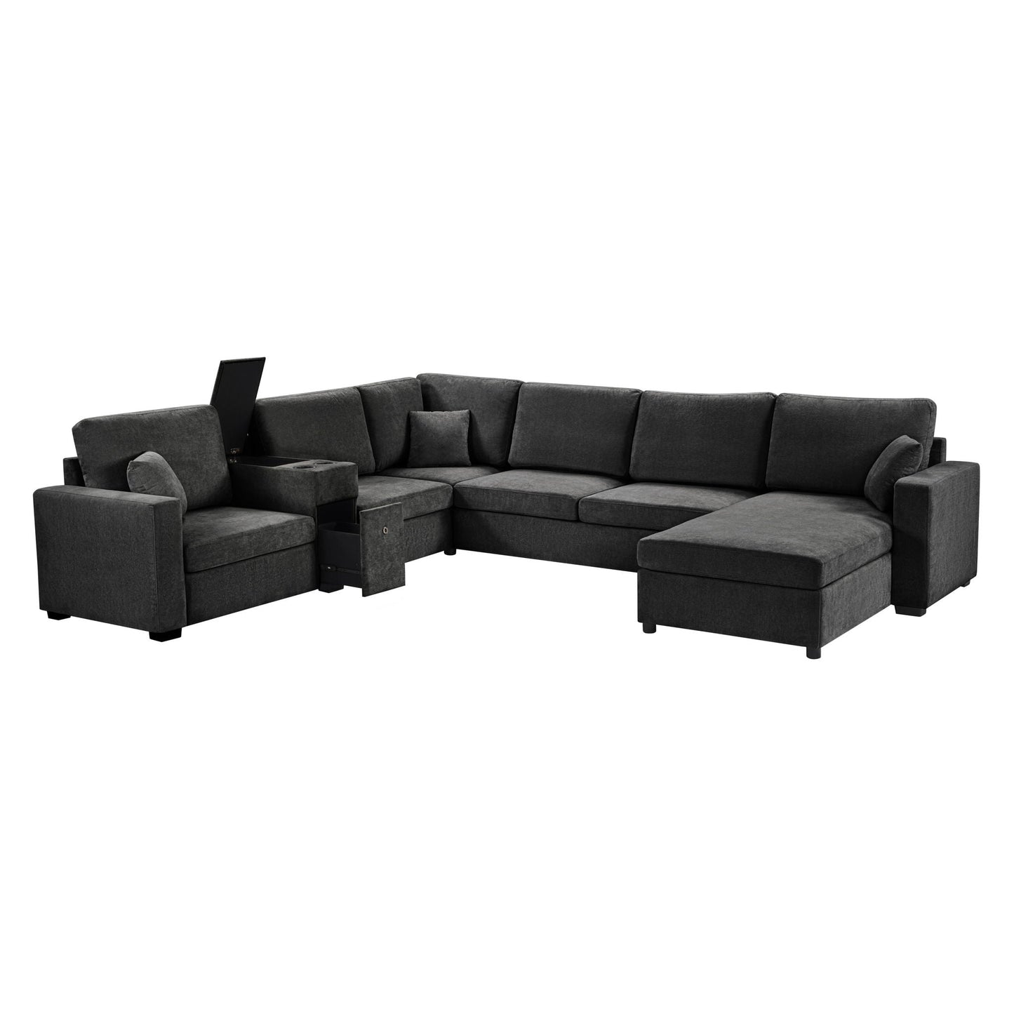 Modular 5 Seat U-Shape Sectional Sofa With Chaise Lounge, Built In Cup Holders And Storage Drawer