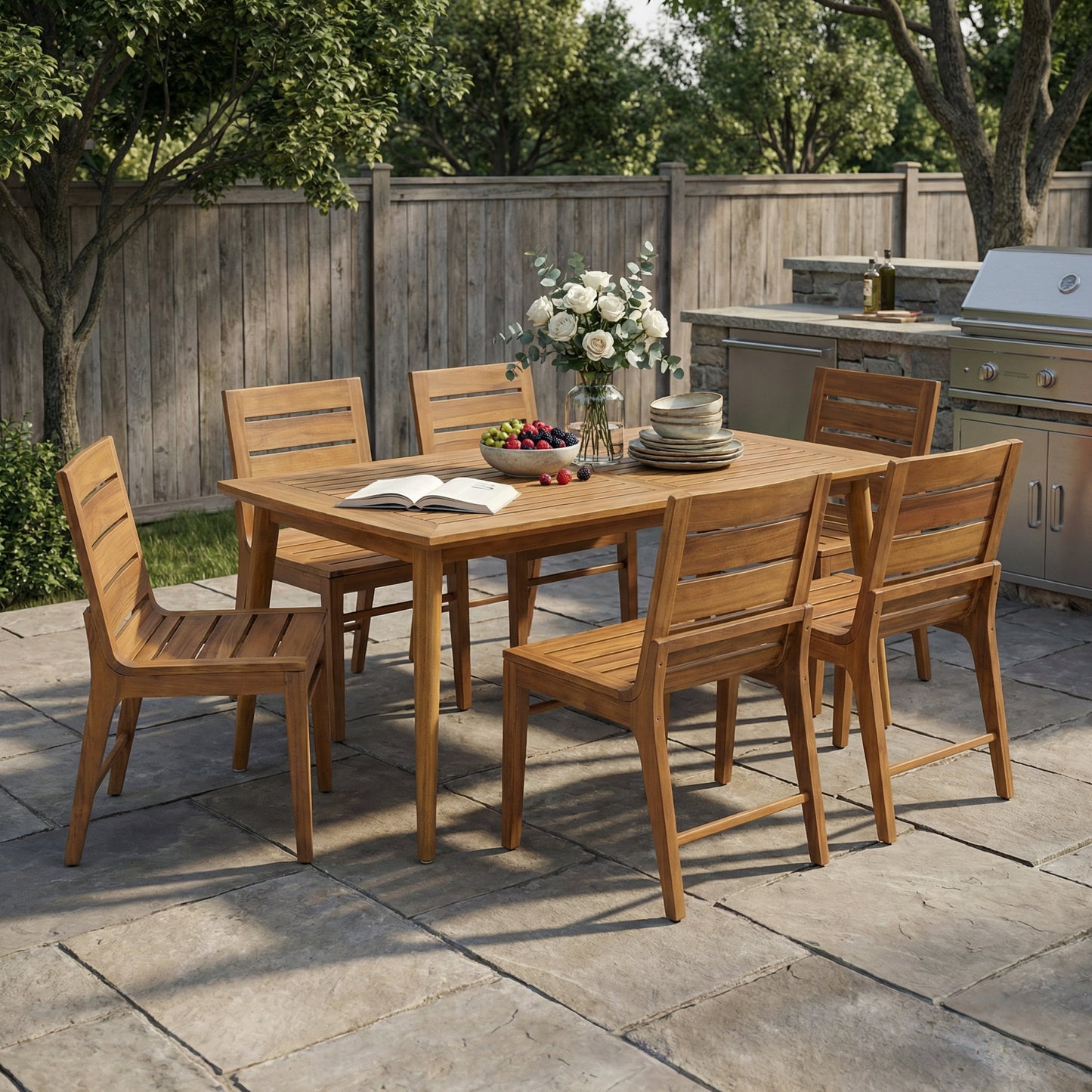 7 Piece Outdoor Acacia Wood Dining Set, 71" Teak Finish Rectangular Table with 6 Slatted Back Chairs