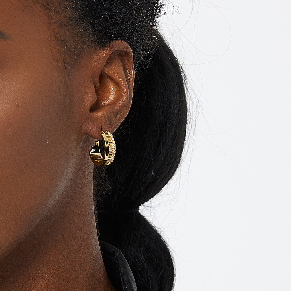 New Ace Luxe 14K Gold Zircon Gear Hoop Earrings | Stylish Ribbed Gold Huggies with Cubic Zirconia Accents