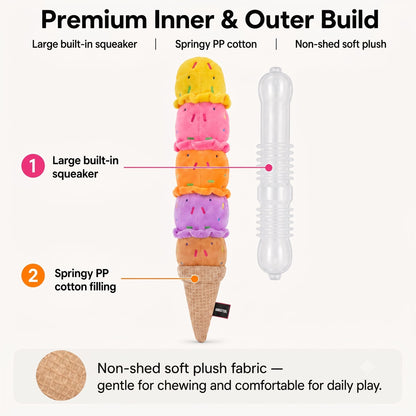 Squeaky Dog Plush Chew Toy, Interactive Tug Squeaky Toy For Chewers, Medium & Large Dogs & Fetch Play, 17.7 In Stuffed Rainbow Ice Cream Toy With Soft Short Plush For Gentle Gum Care & Boredom Relief