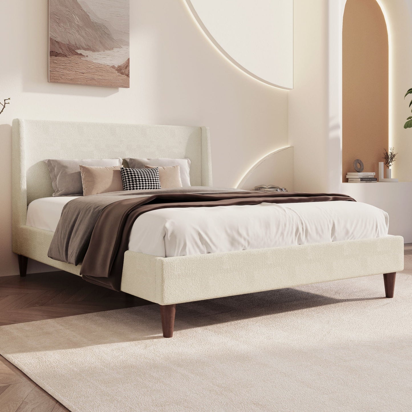 Upholstered Modern Platform Bed With Wingback Headboard
