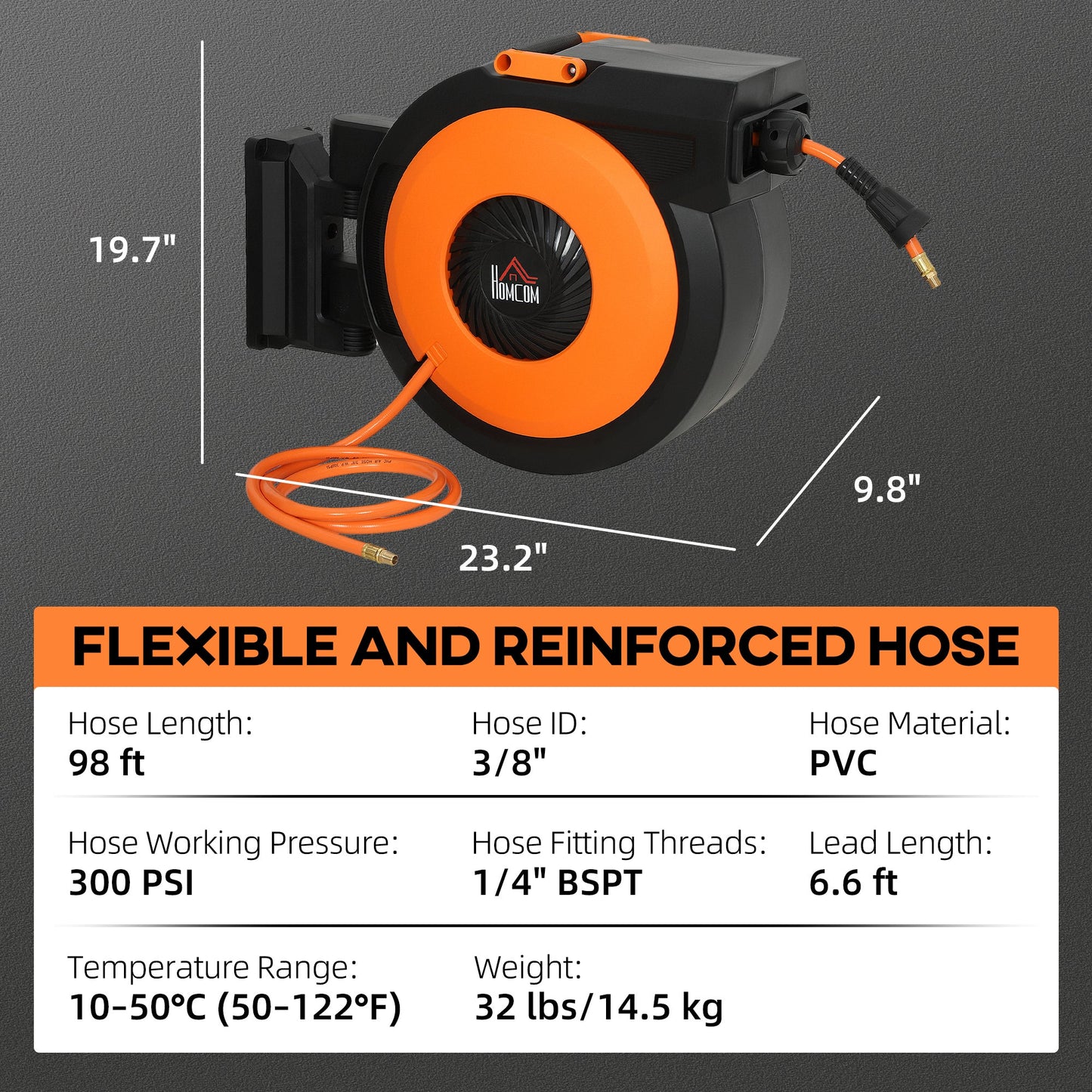 HOMCOM Retractable Air Hose Reel with Auto Rewind and Swivel Bracket