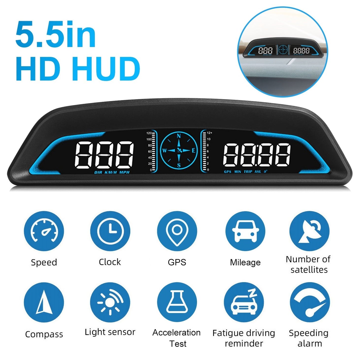 Universal Car HUD GPS Head up Display Speedometer Odometer with Acceleration Time Compass Altitude Driving Distance Over Speed Alarm HD LED Display fo