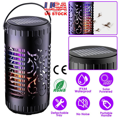 Solar Bug Zapper Garden Flame Flying Insect Killer Lamp Torch Mosquito Killer Trap with 2 Light Modes 600V Grid Handle Detachable Tray