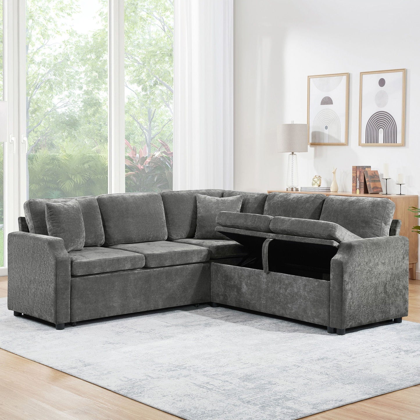 Modern L Shaped Sectional Sofa Bed With Hidden Storage Upholstery