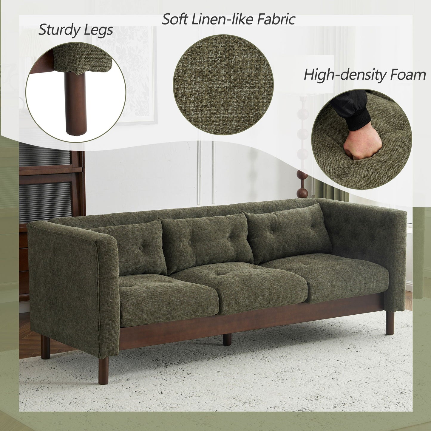 Upholstered Sofa Modern 3 Seater Sofa Couch With Tufted Design For Living Room