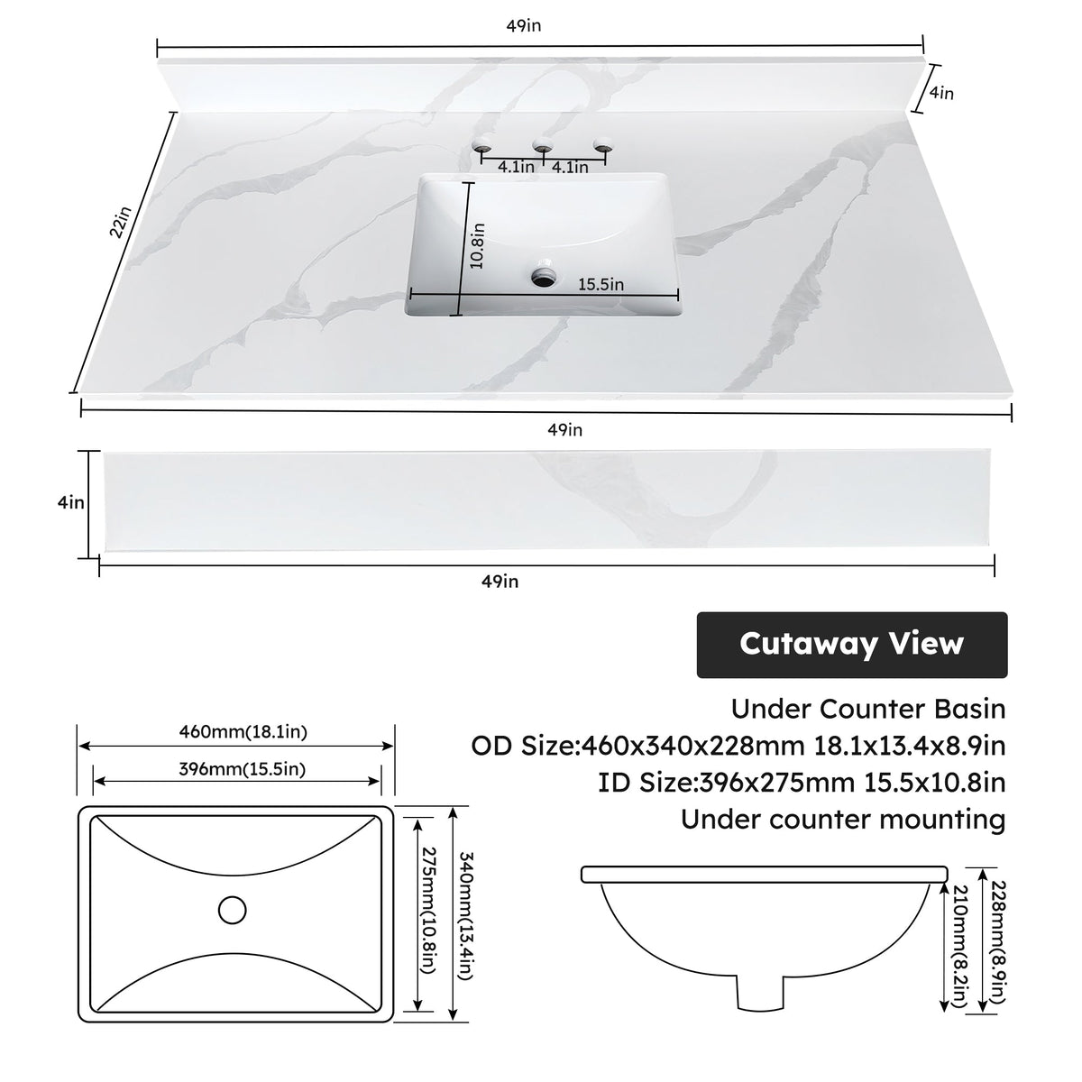 49-Inch Quartz Bathroom Vanity Top