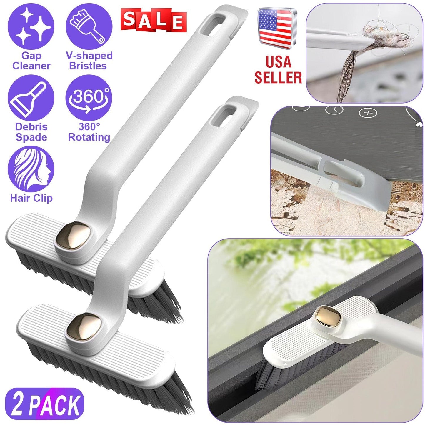 2 Pack Multi-Function Rotating Crevice Cleaning Brush Stiff Bristle Brush Gap Cleaner with 2-In-1 Clip and Spade for Tight Spaces Bathroom Kitchen